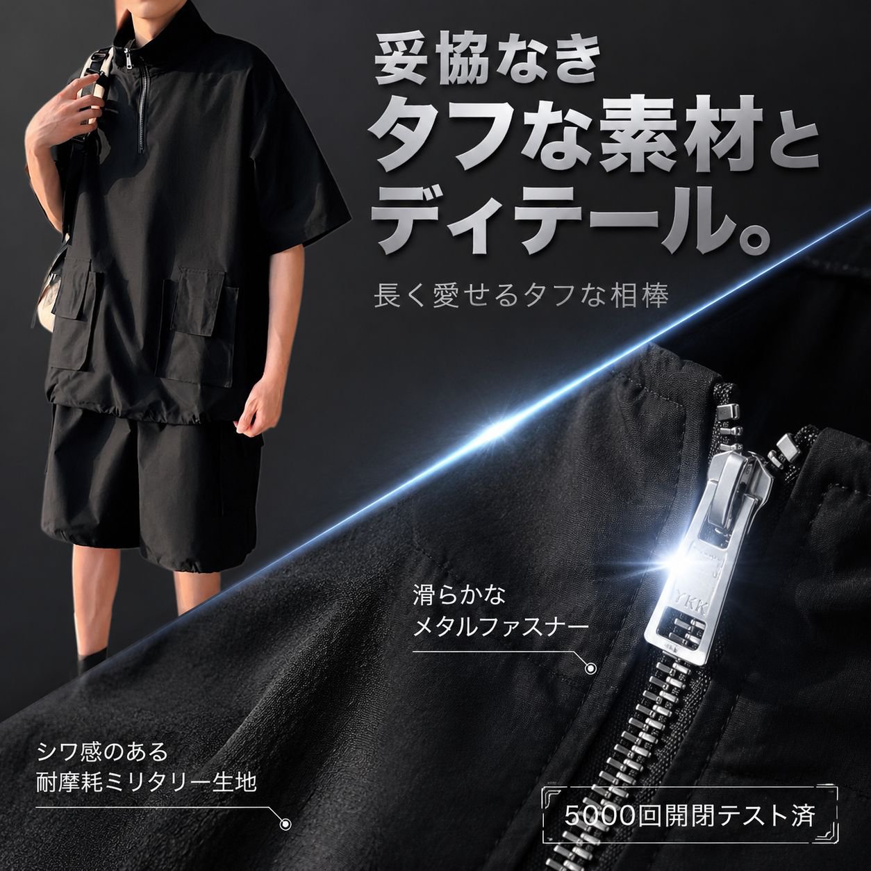 夏メンズ作業用ハーフジップ半袖トップス