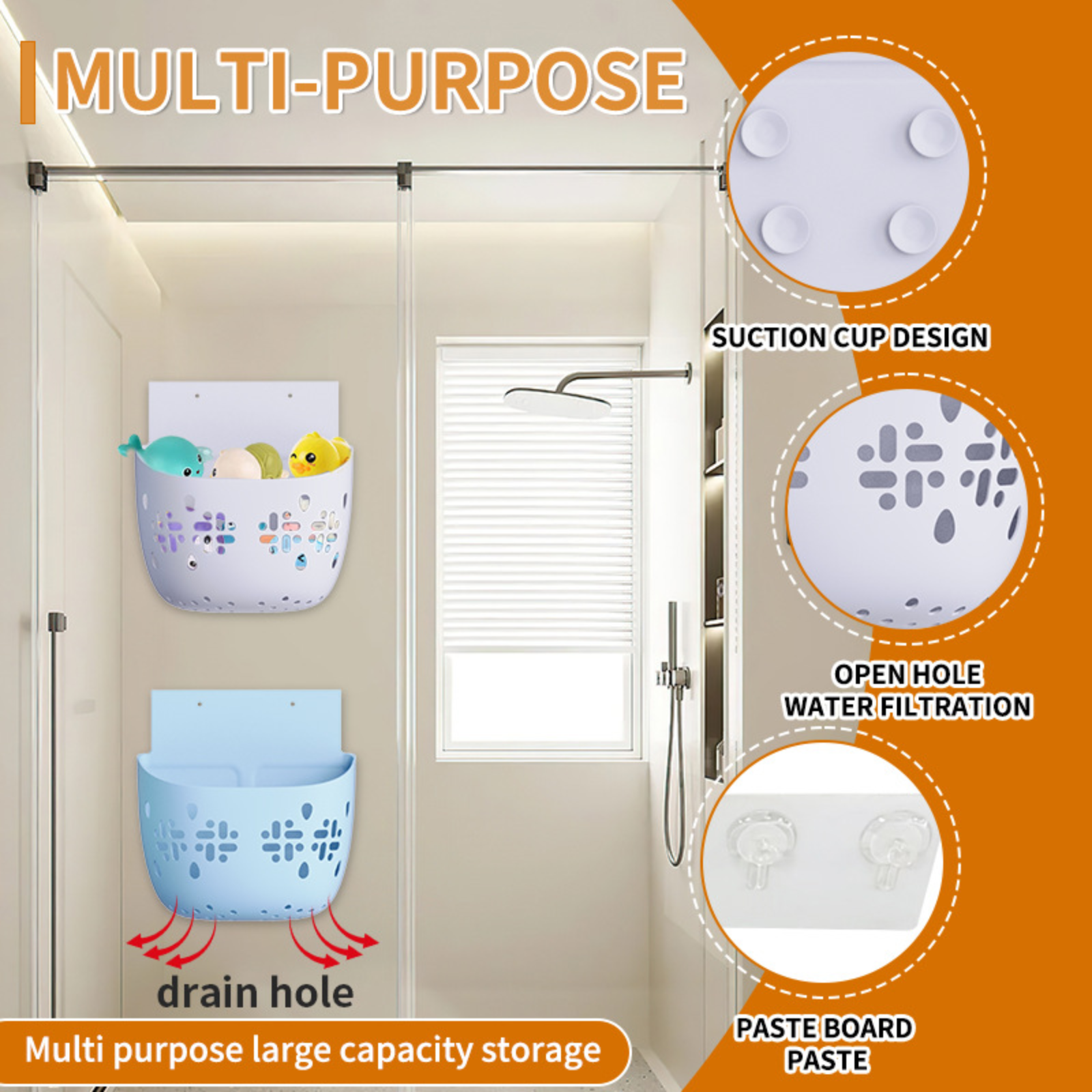 Baby bathtub storage bag, made of soft, food-grade silicone, non-slip, wall-mountable, with a large 
