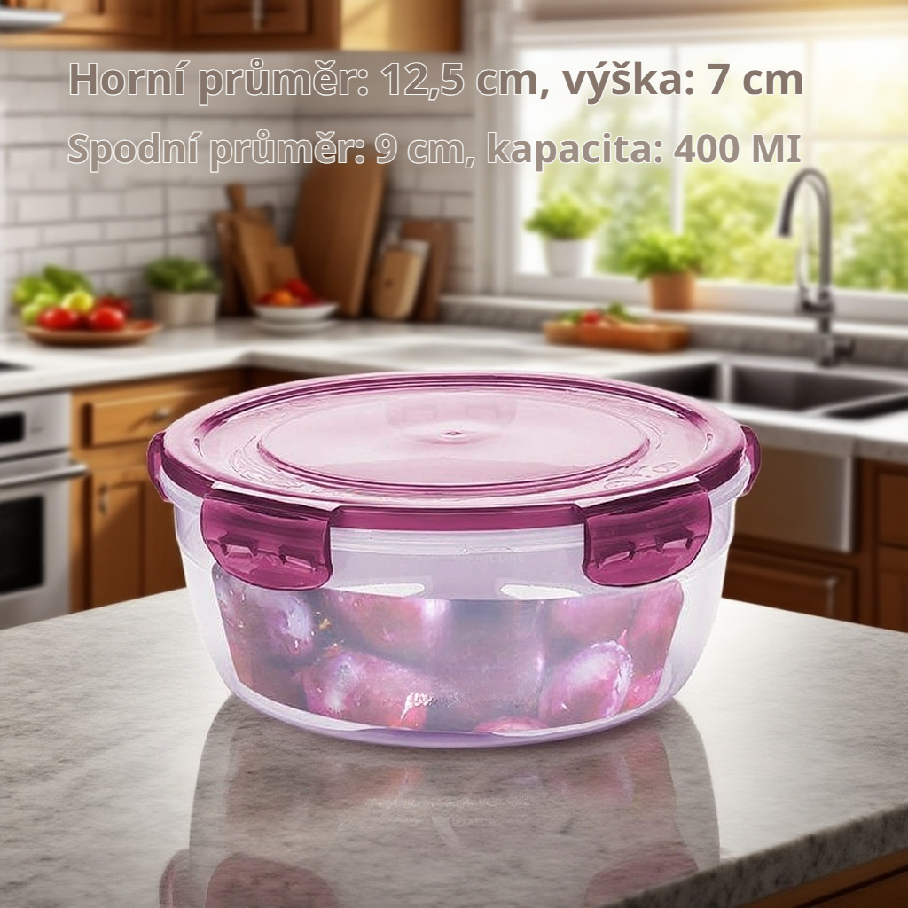 Plastová kulatá miska na jídlo, vhodná do mikrovlnky i lednice, uchovává čerstvost