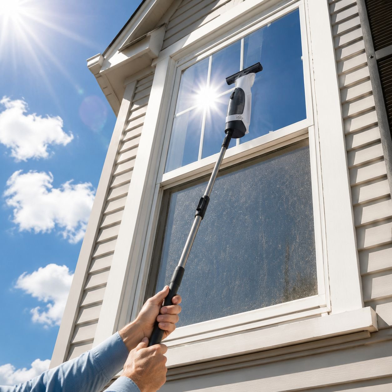 Portable electric window cleaning tool in use on a glass window
