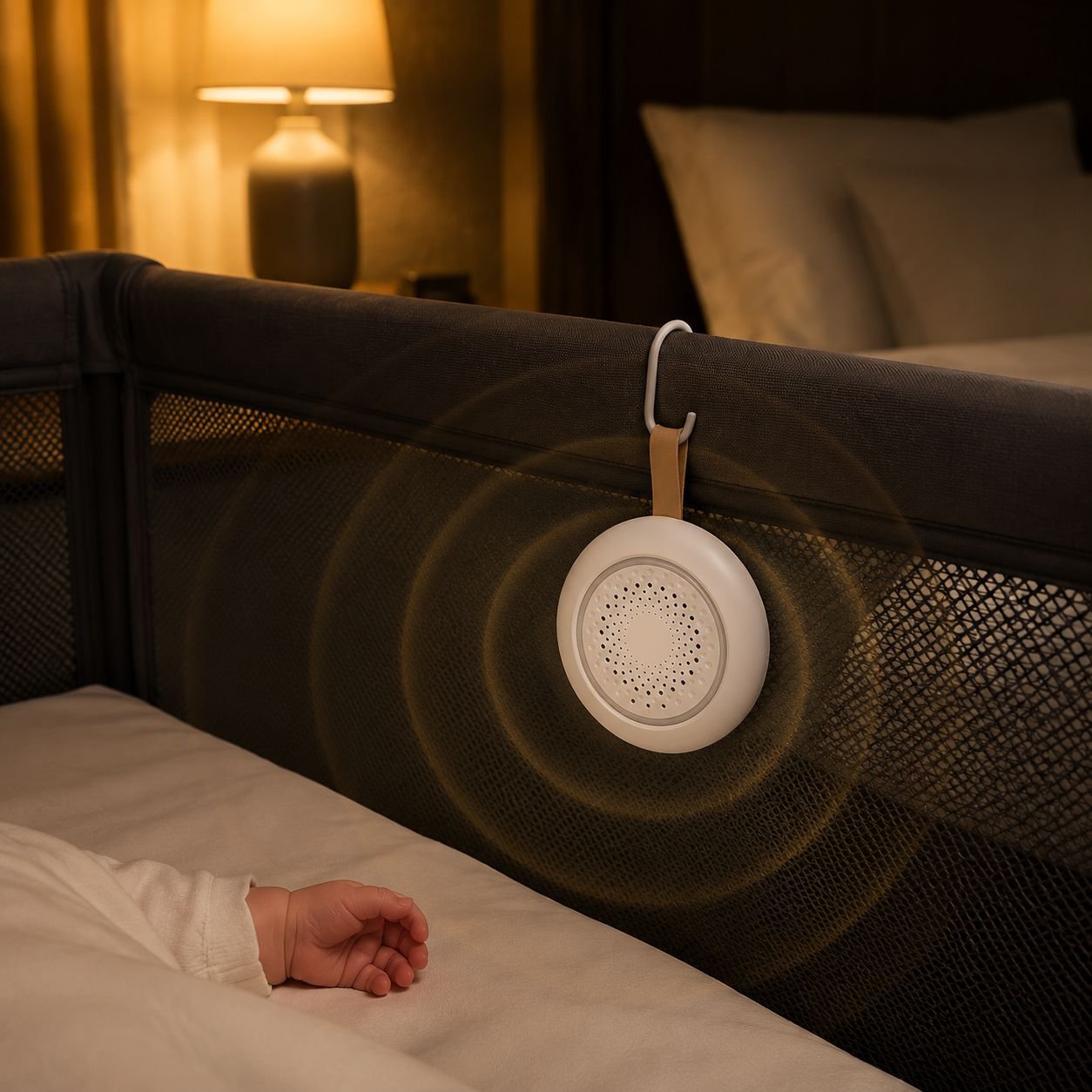 Baby sleeping peacefully with soothing device