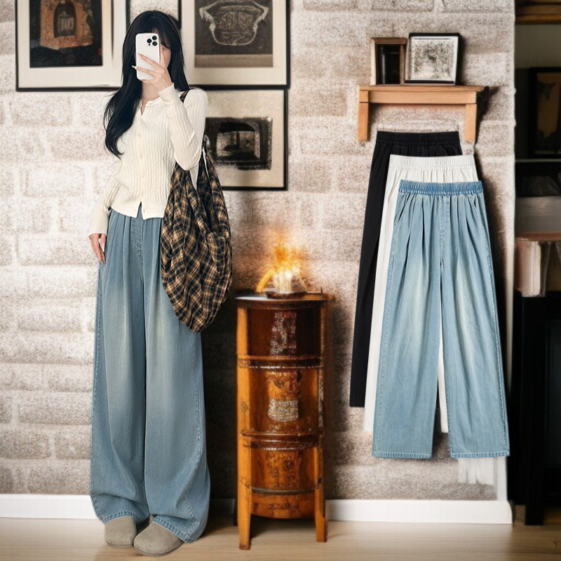 여성 하이웨스트 텐셀 와이드 팬츠 전체 착용샷