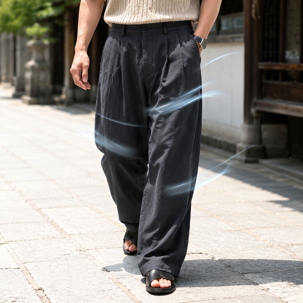 メンズ純リネン手作りストレートパンツ