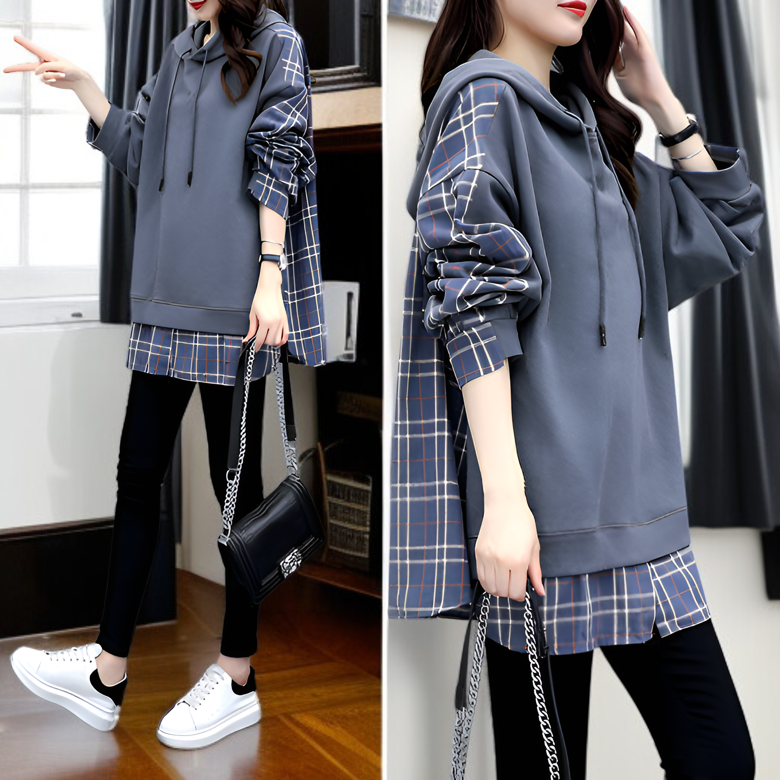 レディース チェック柄パッチワークフェイクツーピース 長袖スウェットシャツ 2025年春新作 ルーズフィット フード付き ミドル丈Tシャツ トップス