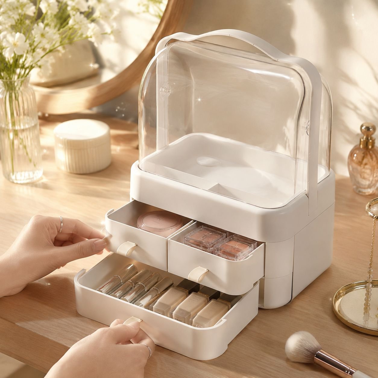 Staubgeschützte Aufbewahrungsbox für Kosmetik auf Schminktisch