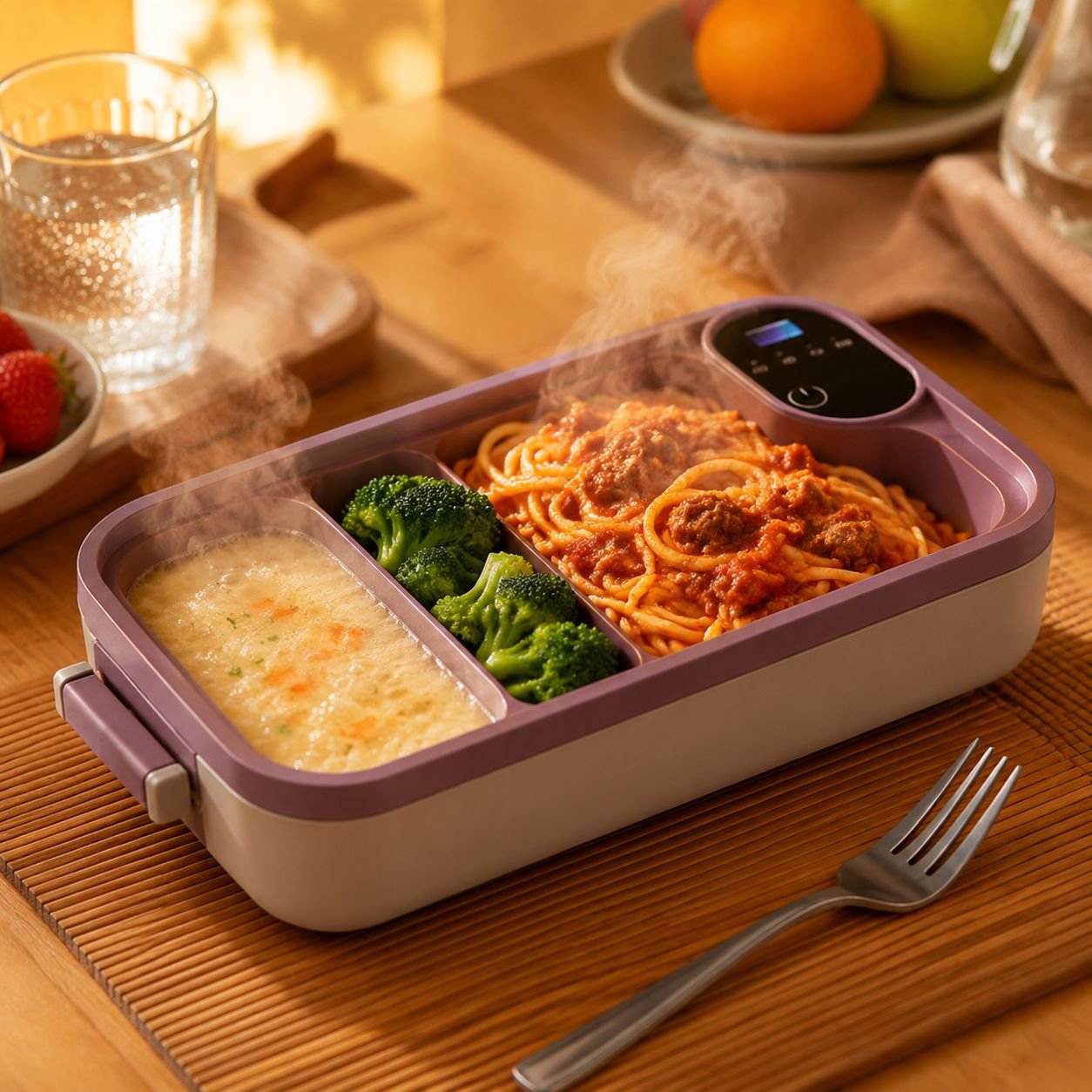 Interior view of stainless steel heated lunch box