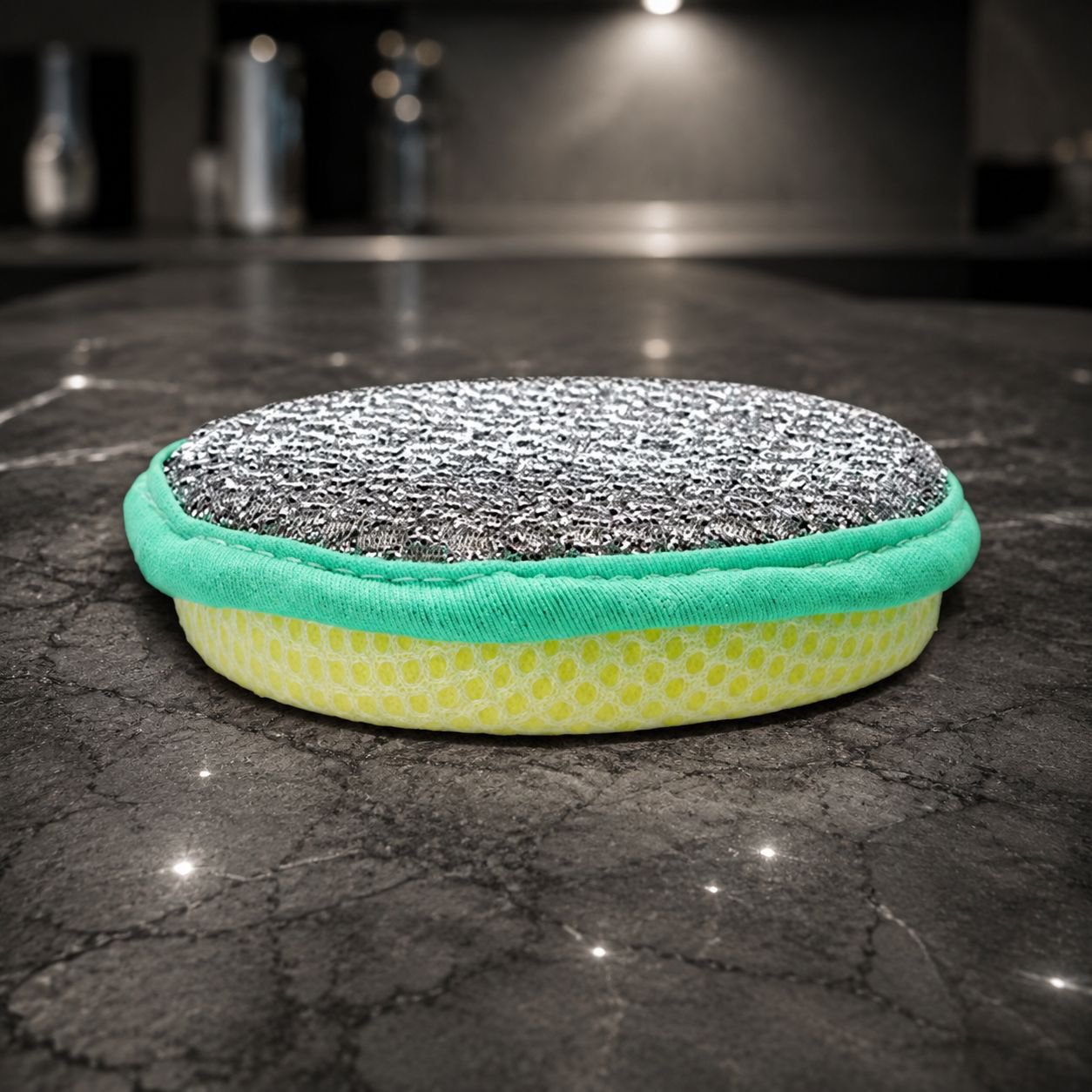 Durable kitchen cleaning sponge with two scrubbing surfaces