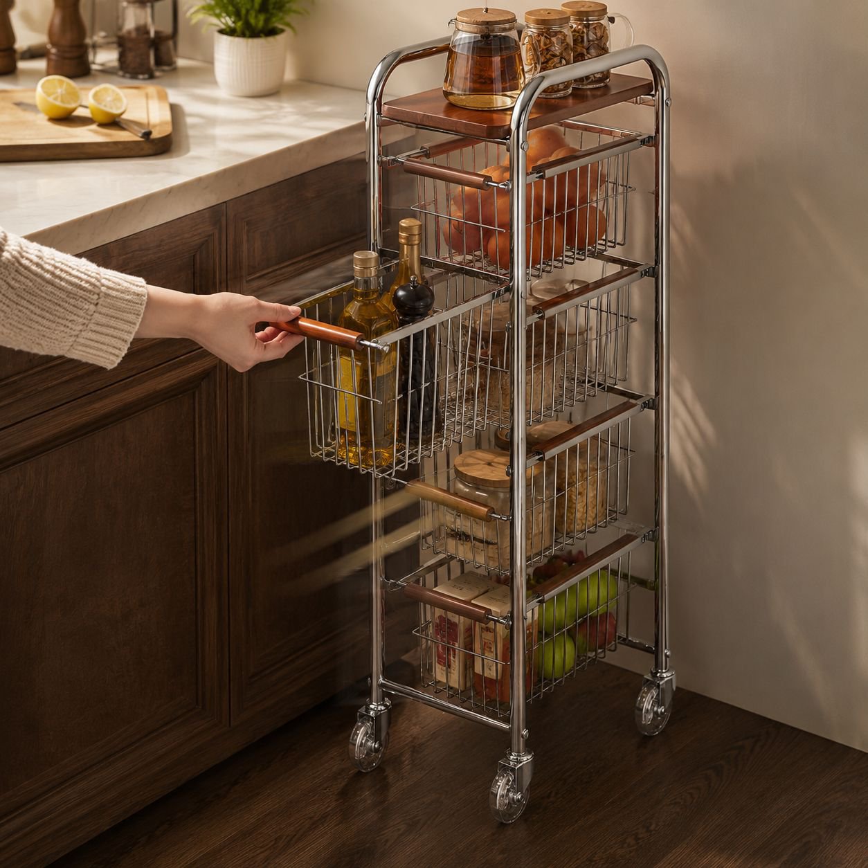 Vintage-style kitchen narrow storage rack, refrigerator side storage rack, trolley, pull-out ultra-n