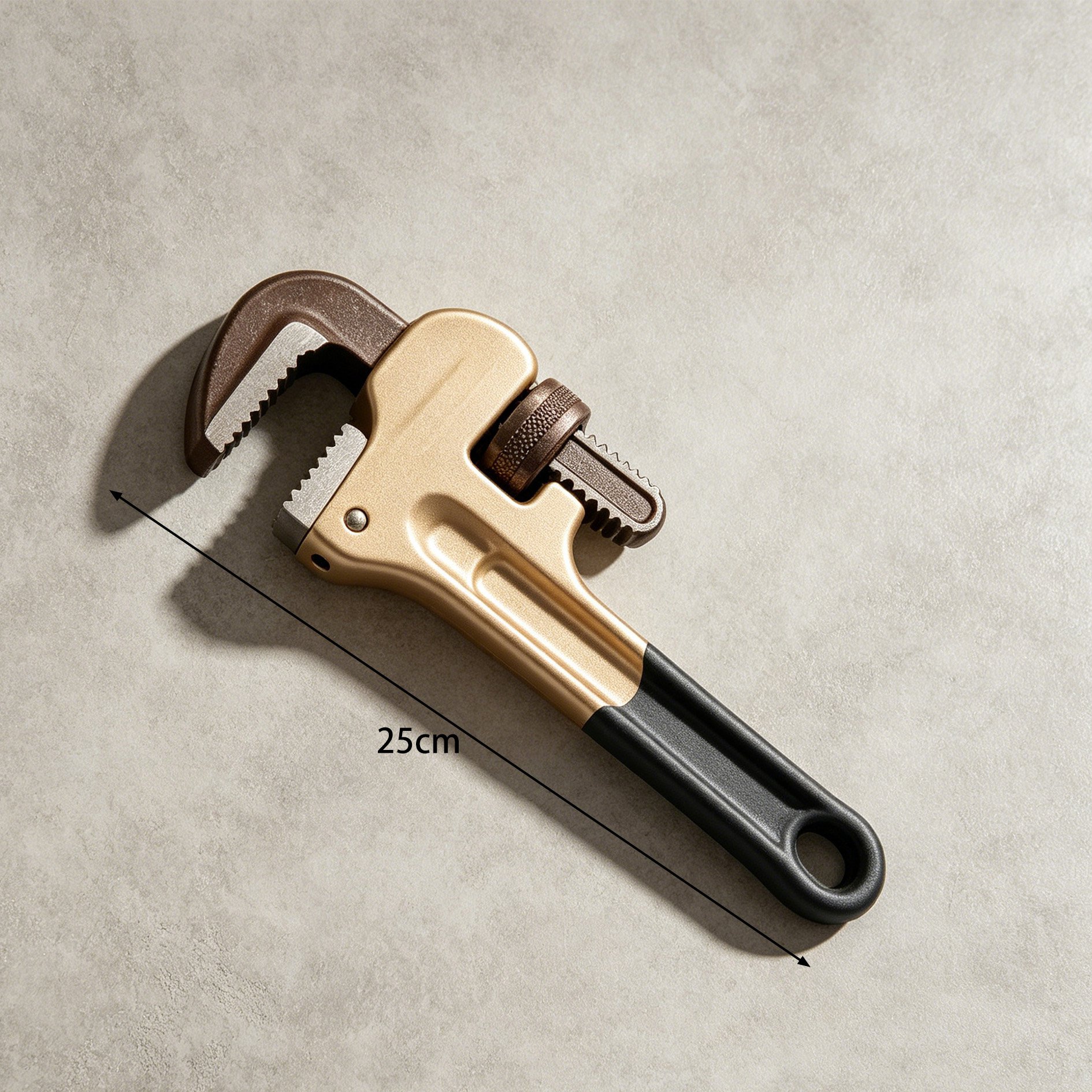 Heavy duty pipe wrench gripping a metal pipe