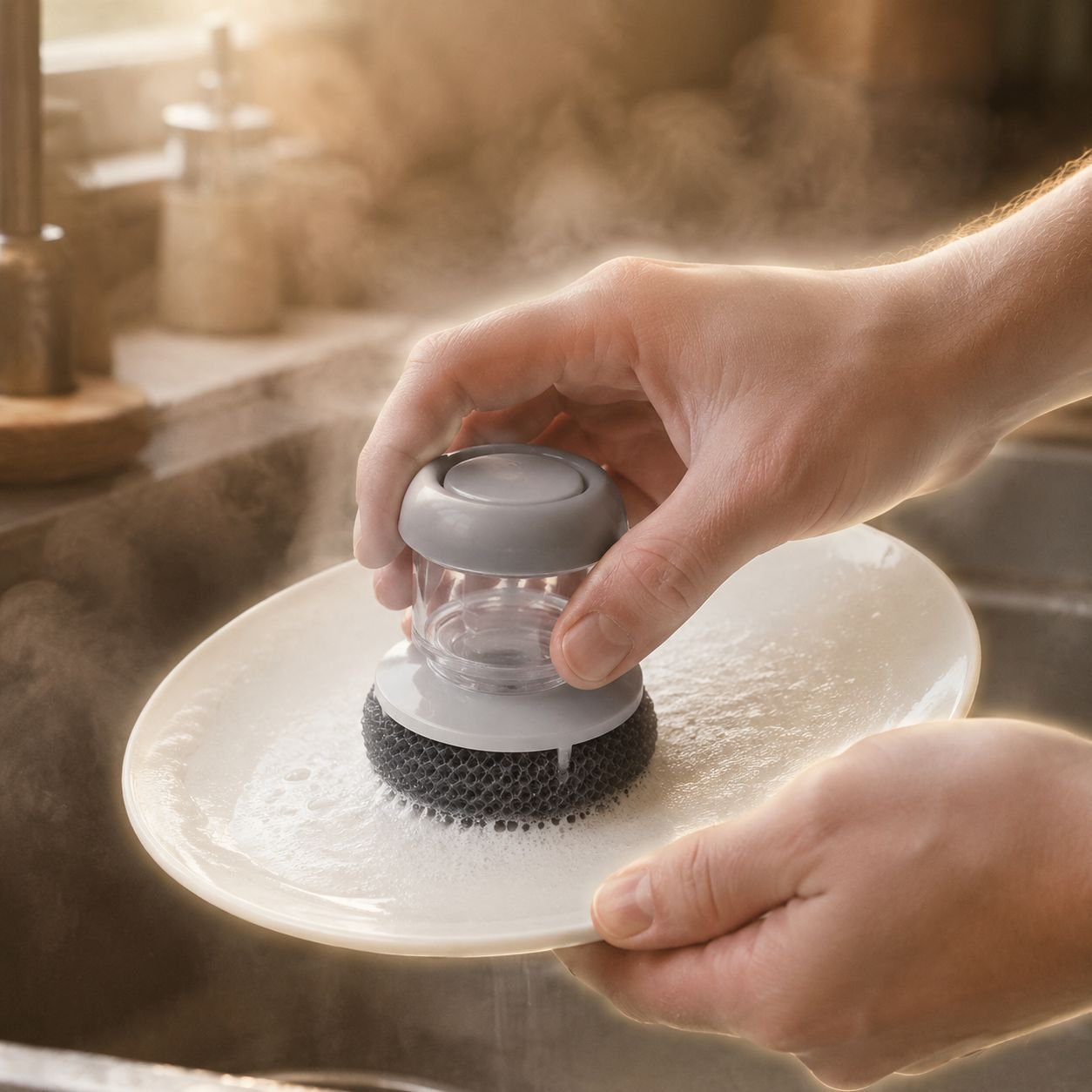 Kitchen Brush with Soap Dispenser, Short Handle Sponge and Wire Ball