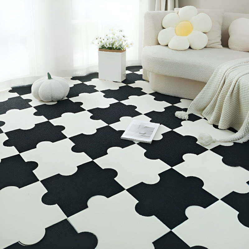 Home room fully covered with large area spliced block carpet