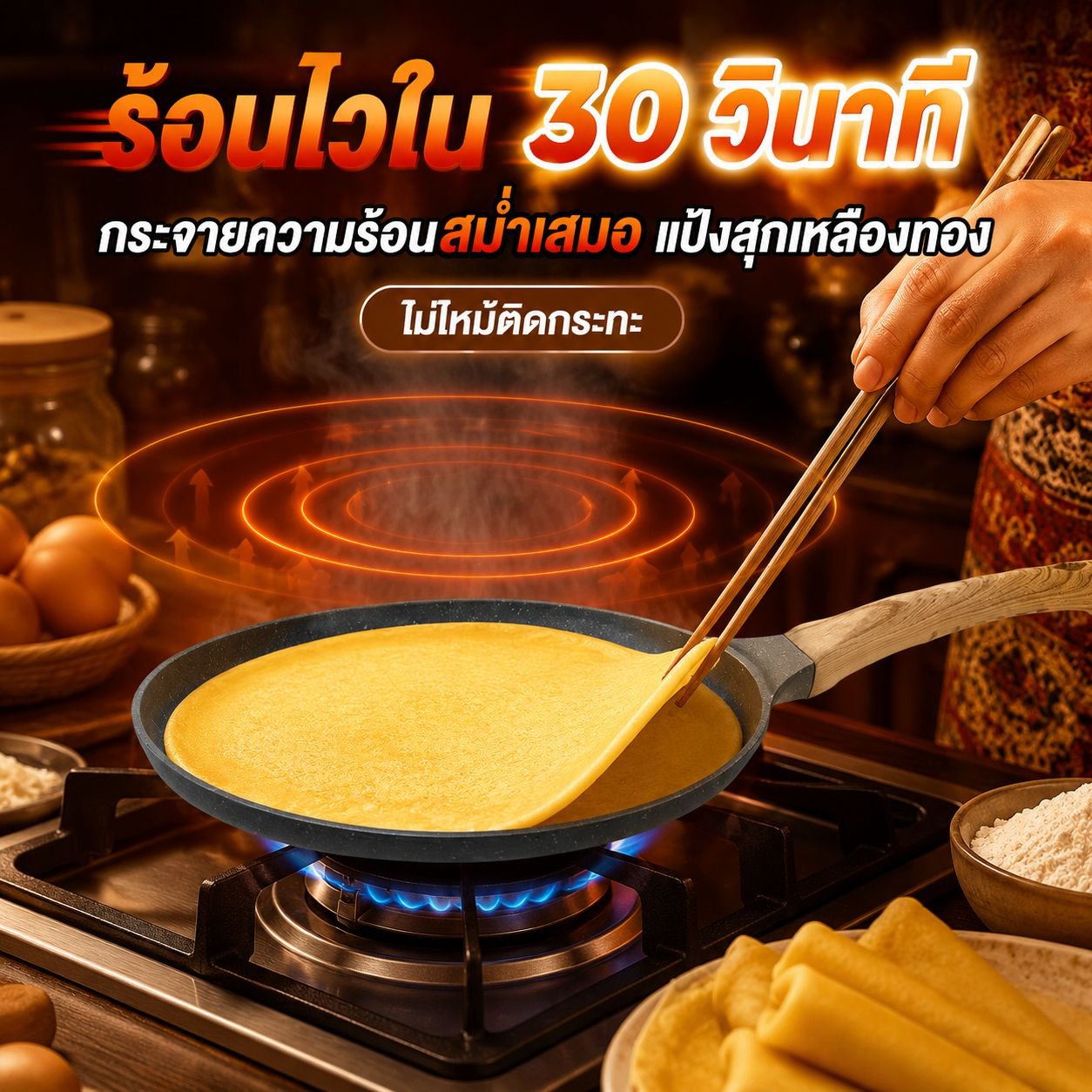 กระทะสเต็กด้ามไม้ เคลือบกันติด กระทะทำเครป ใช้กับเตาแม่เหล็กไฟฟ้าได้