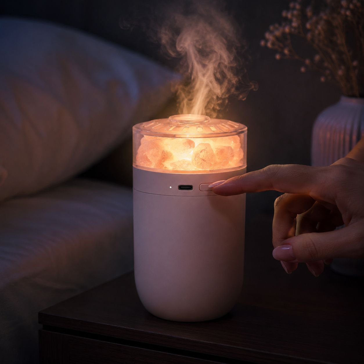 Wireless Charging Car Salt Lamp Humidifier with Colorful Ambient Light