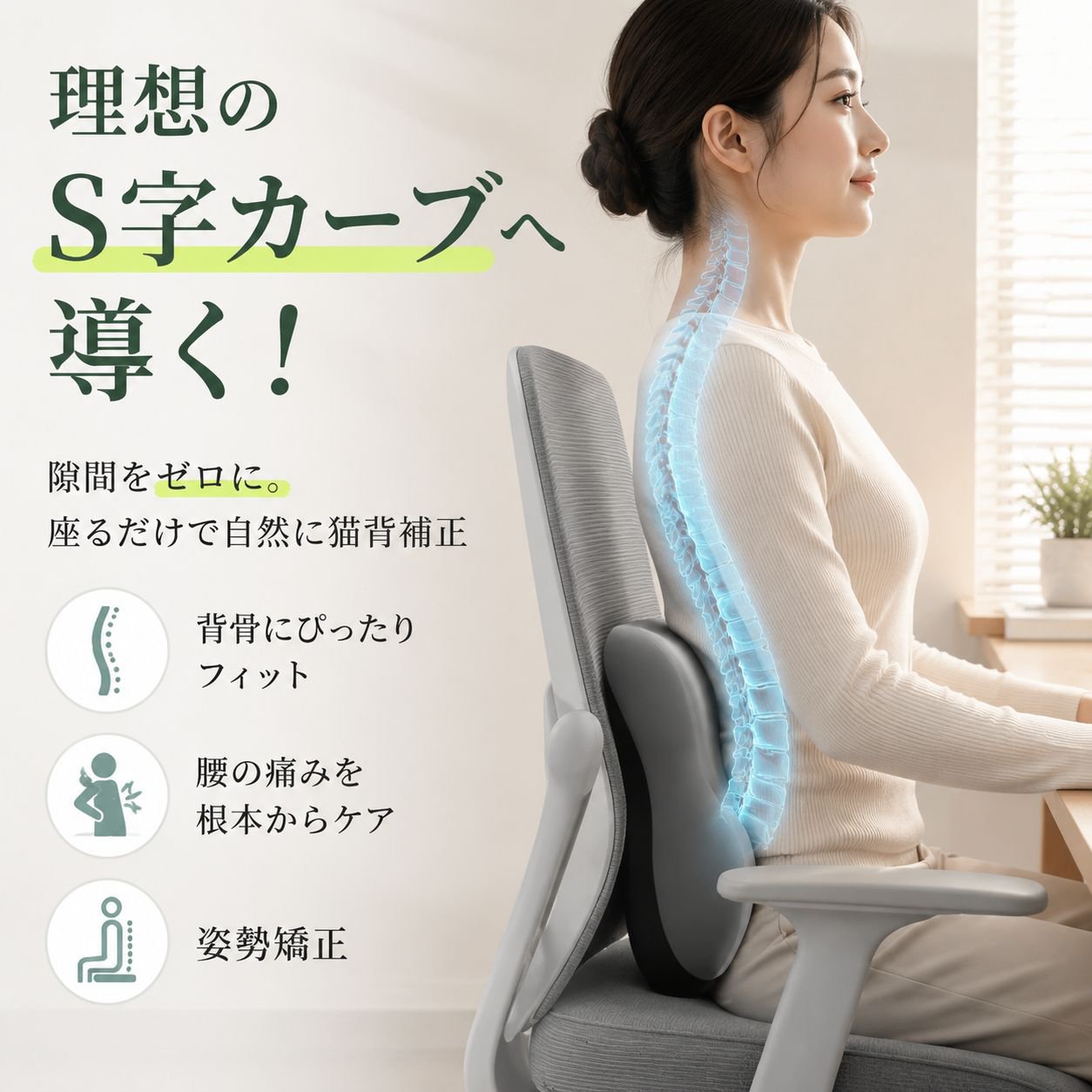 多機能腰部サポートクッション、オフィスチェア背もたれパッド、腰椎保護ピロー