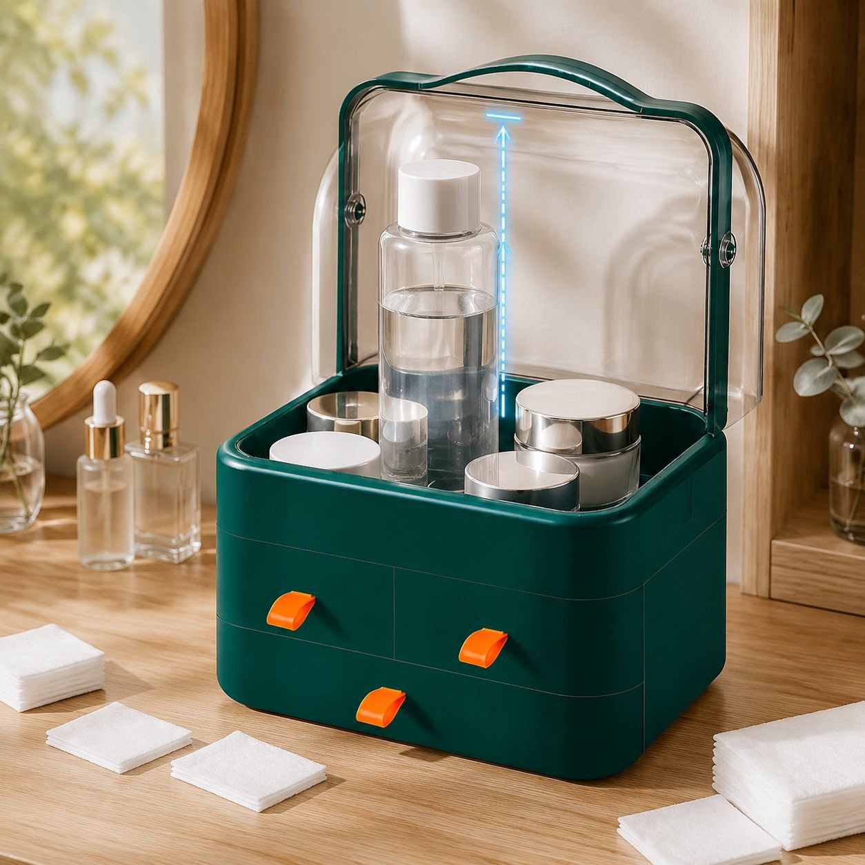 Staubgeschützte Aufbewahrungsbox für Kosmetik auf dem Tisch
