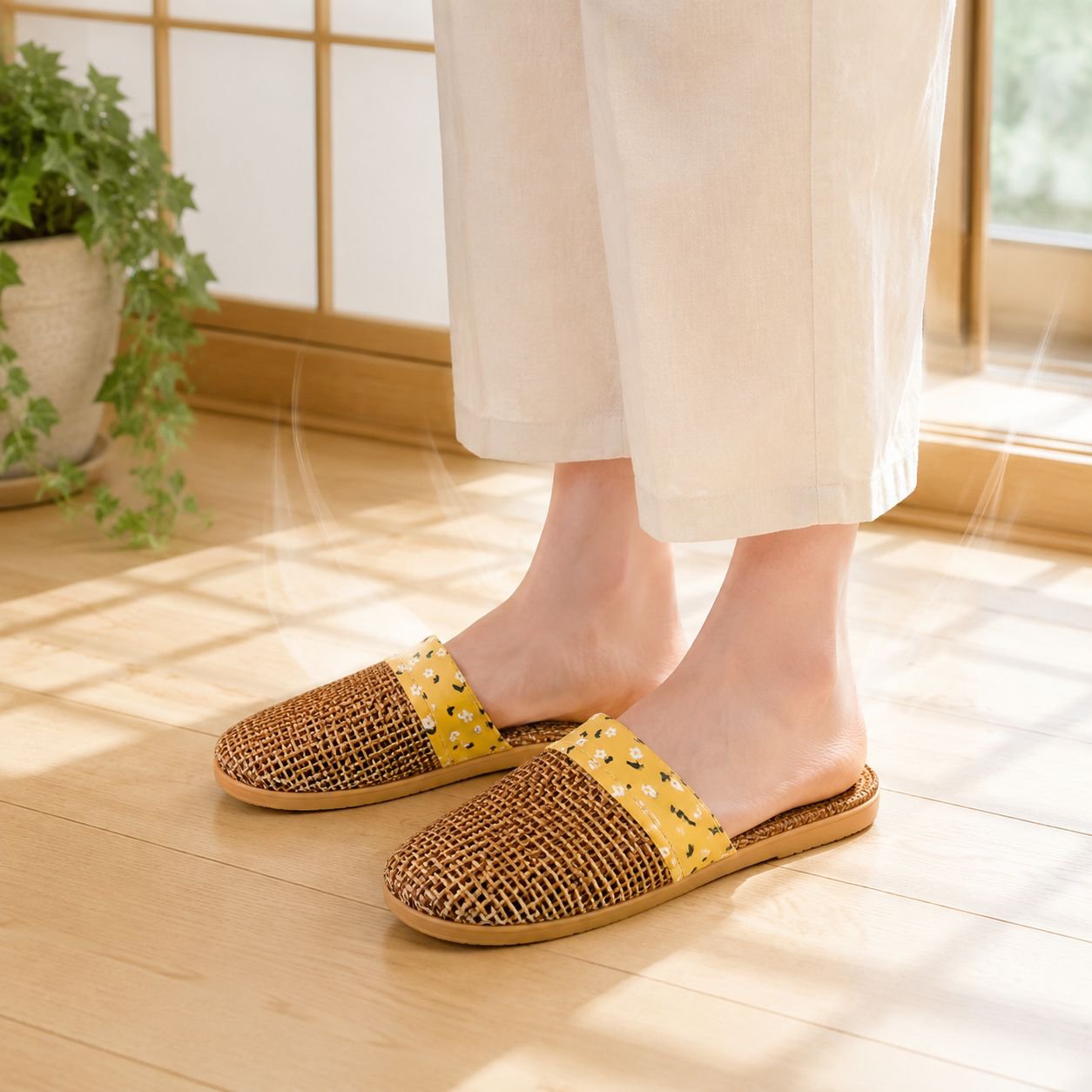 夏用リネンカップルサンダル、男性用室内滑り止め厚底木製床用、女性用通気性ホームウェア