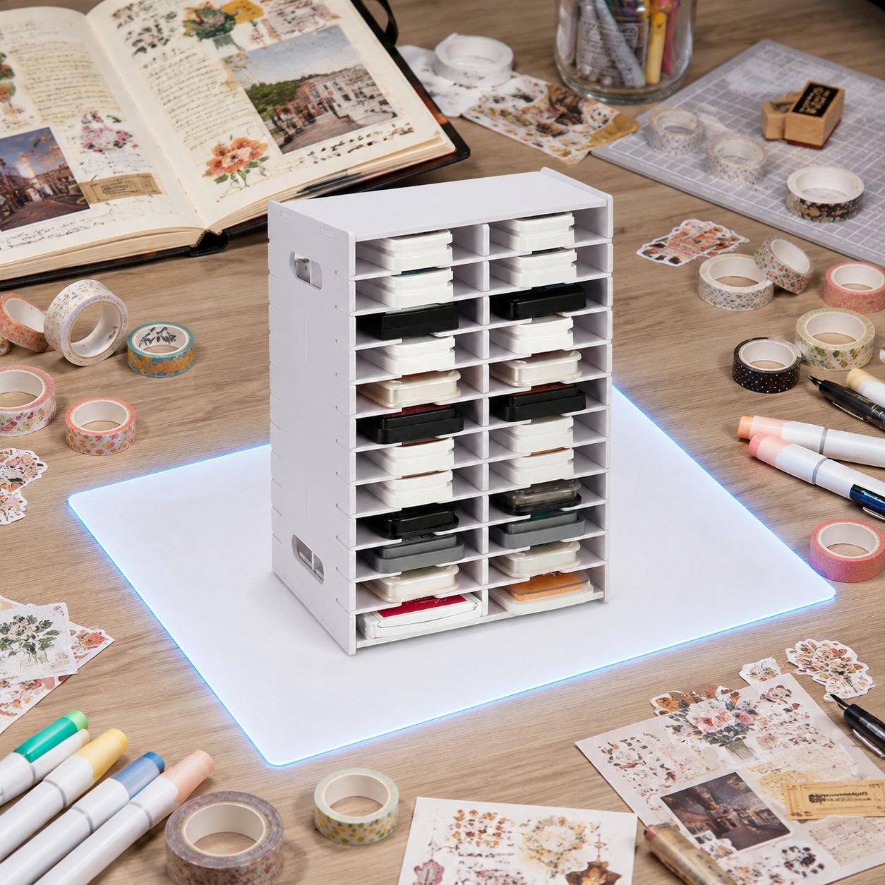 【回転式】24マス スタンプ台収納ラック 360度回転 デスクトップ収納 文房具・手帳グッズ・アイロンビーズ対応 大容量 省スペース 引き出し・仕切り板付き