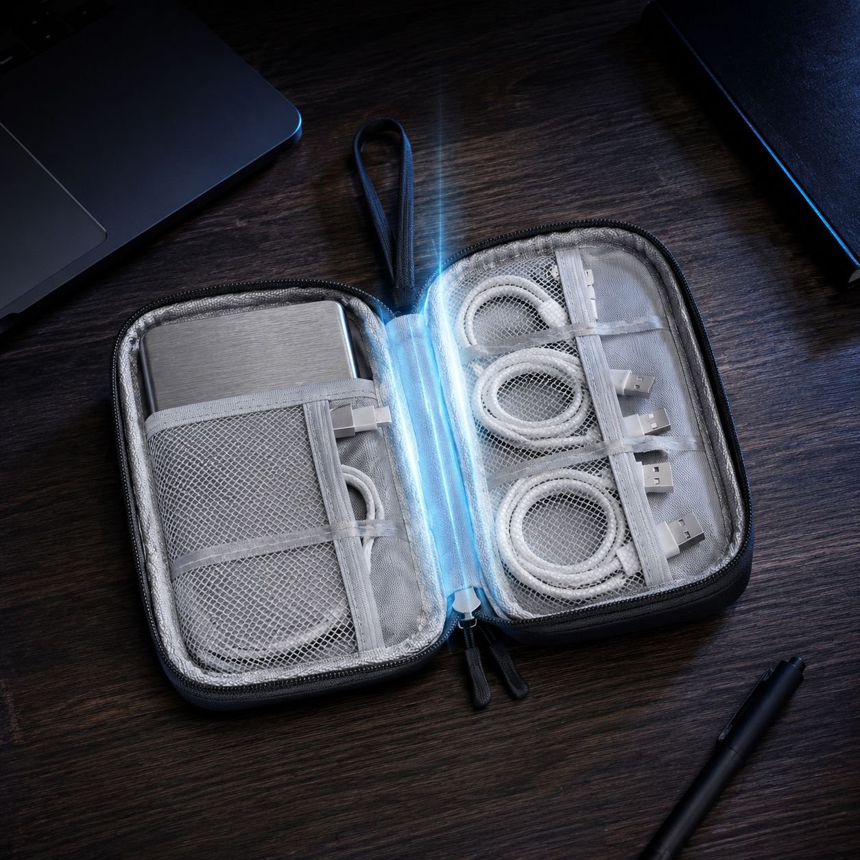 Trousse de rangement électronique portable à deux couches vue extérieure