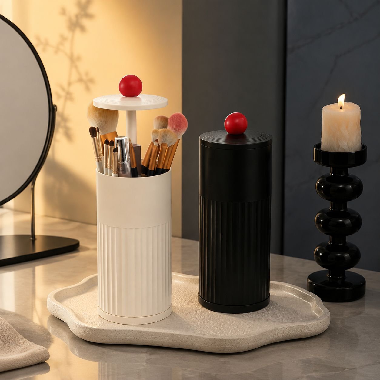 Automatic Cosmetic Organizer with Dustproof Lid and Brush