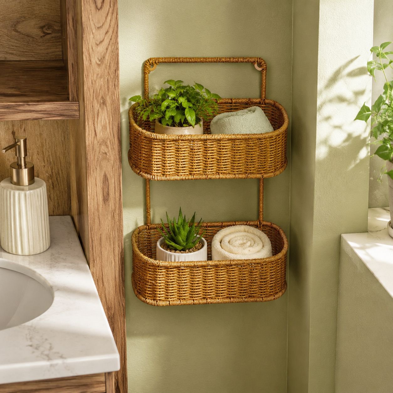 Punch-free imitation rattan bathroom shelf mounted on tile wall