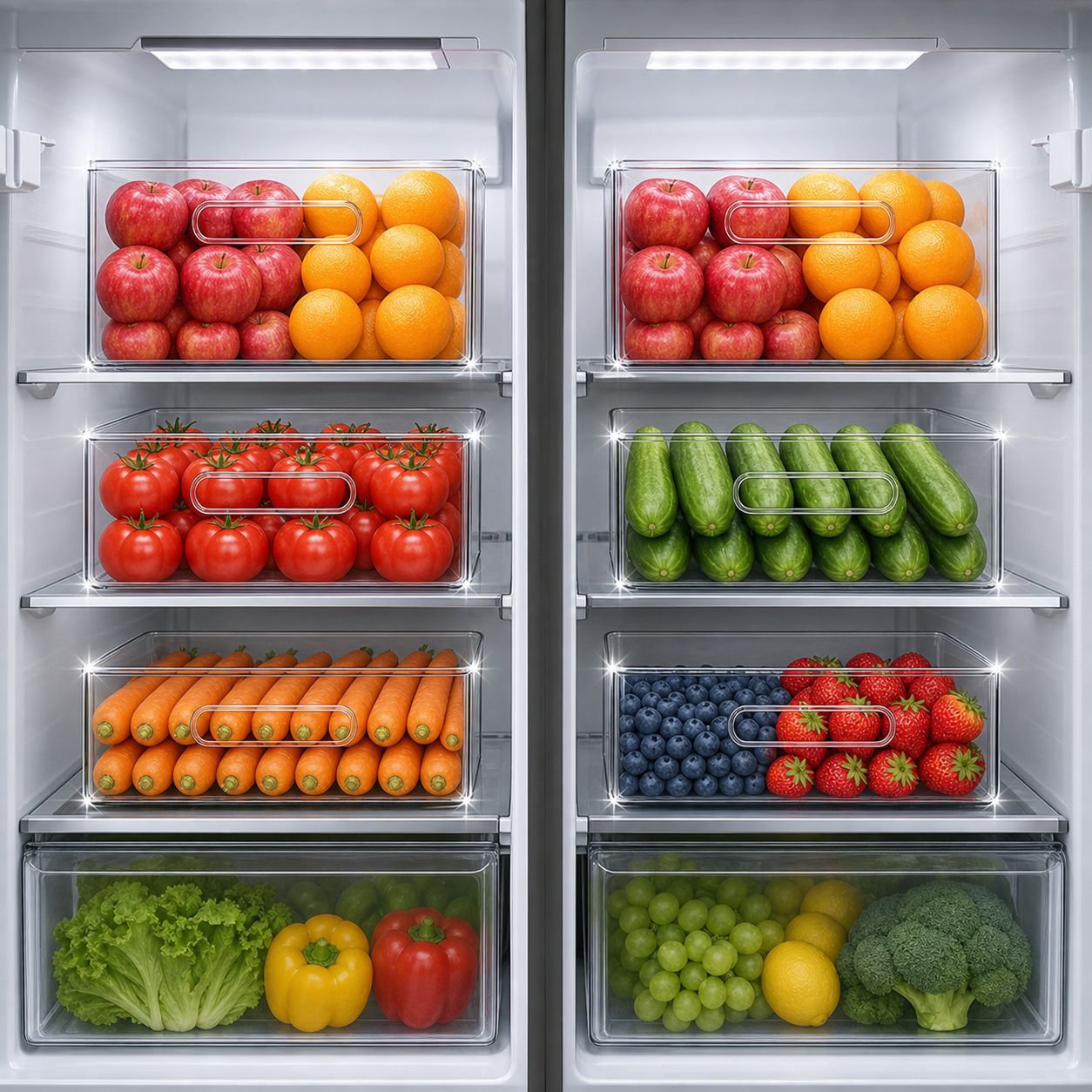 Clear vegetable and fruit organizer in refrigerator