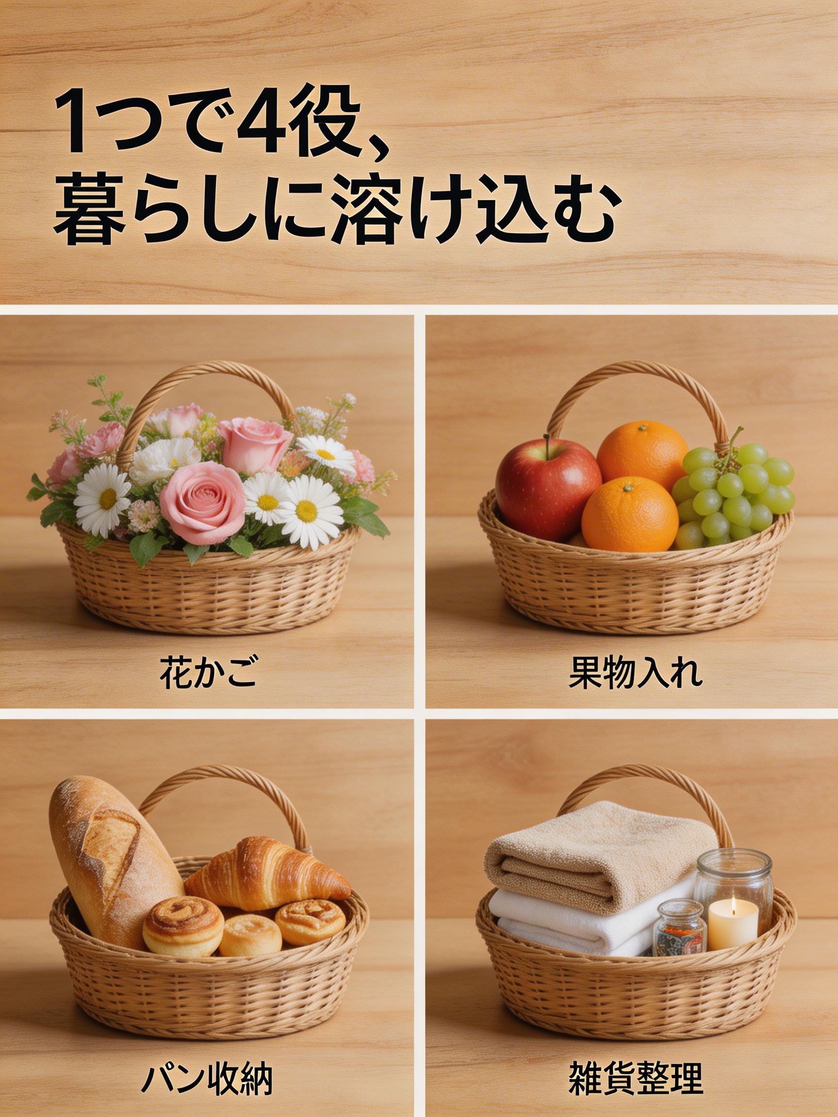 手持ち式籐バスケットの持ち手部分の拡大写真