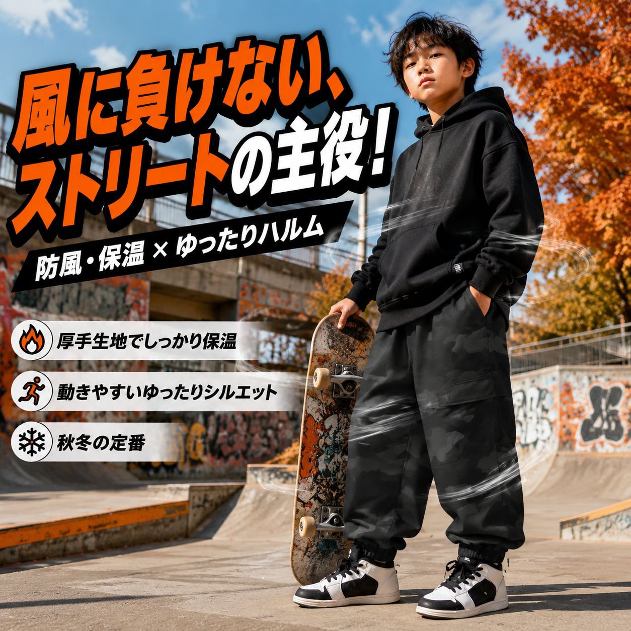秋冬用 男児 ゆったり迷彩カーゴパンツ 2024年新モデル