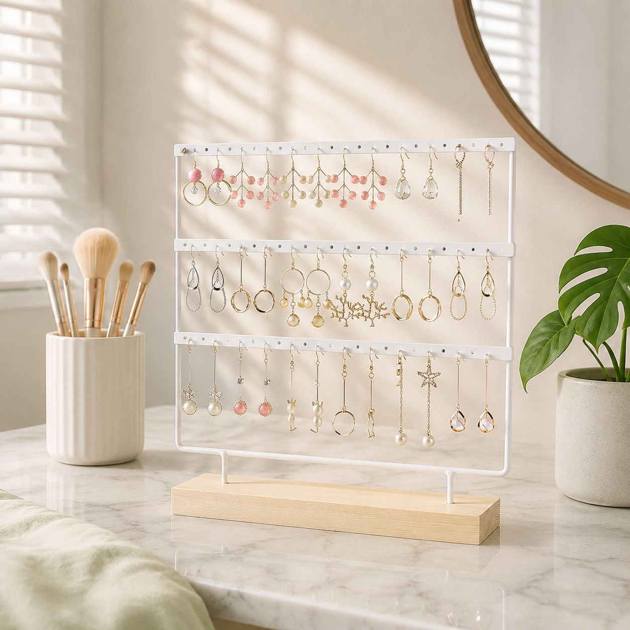 Wrought iron jewelry rack holding earrings