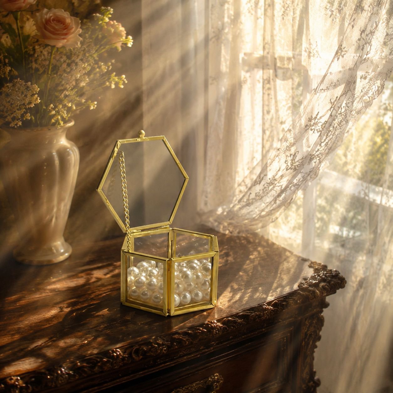 Transparent gold jewelry box with hinged lid