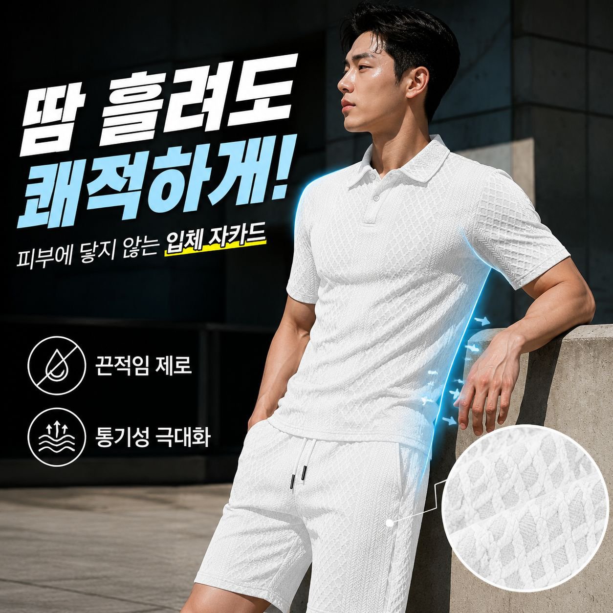 남성 반팔 자카드 캐주얼 스포츠 얇은 폴로 셔츠 세트