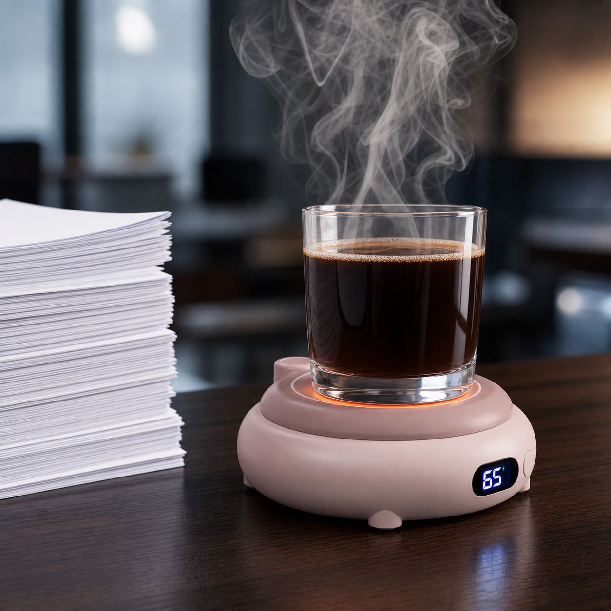 Kaffeebecher mit Wireless Charger auf dem Schreibtisch