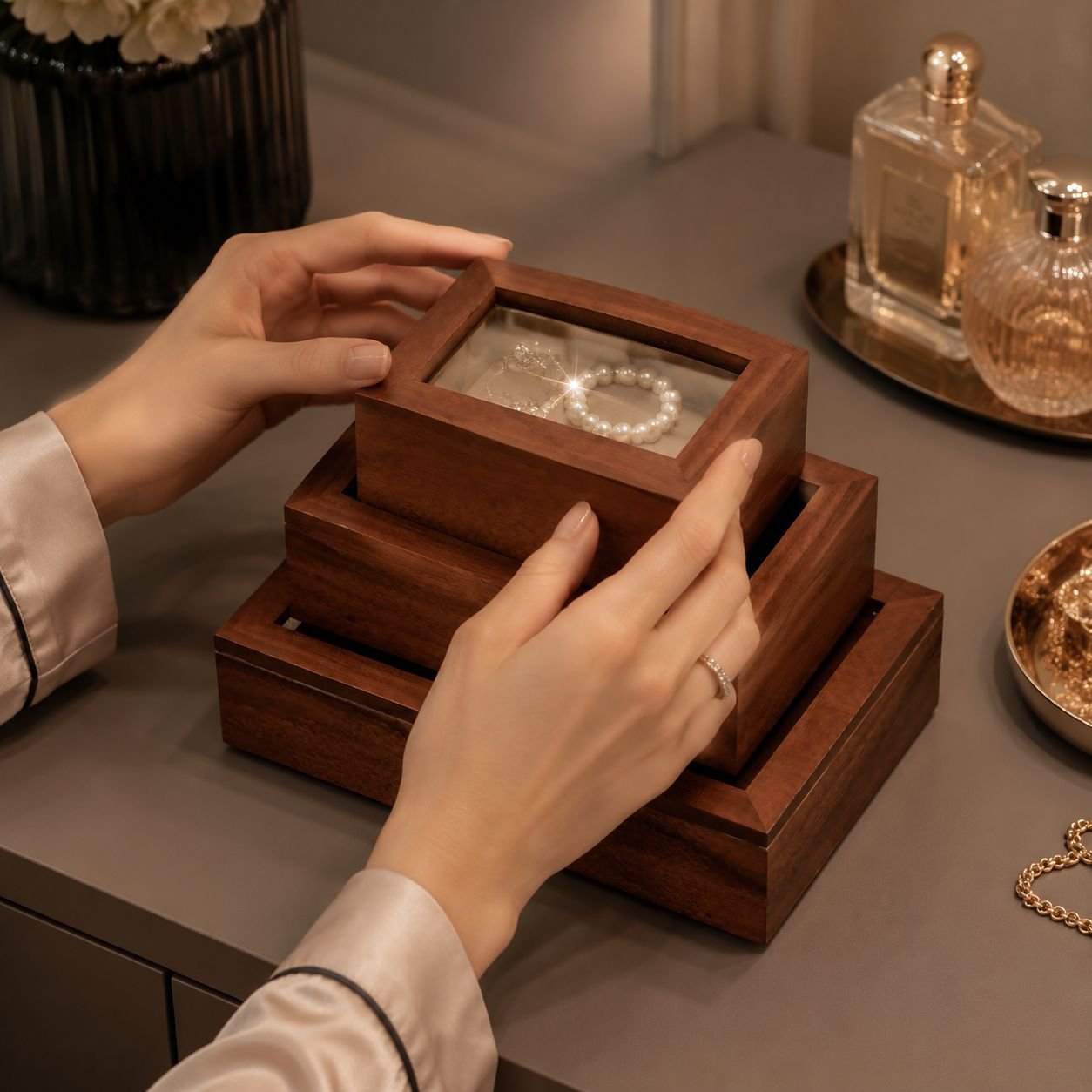 Massive wood storage box for lipstick, teacup and accessories