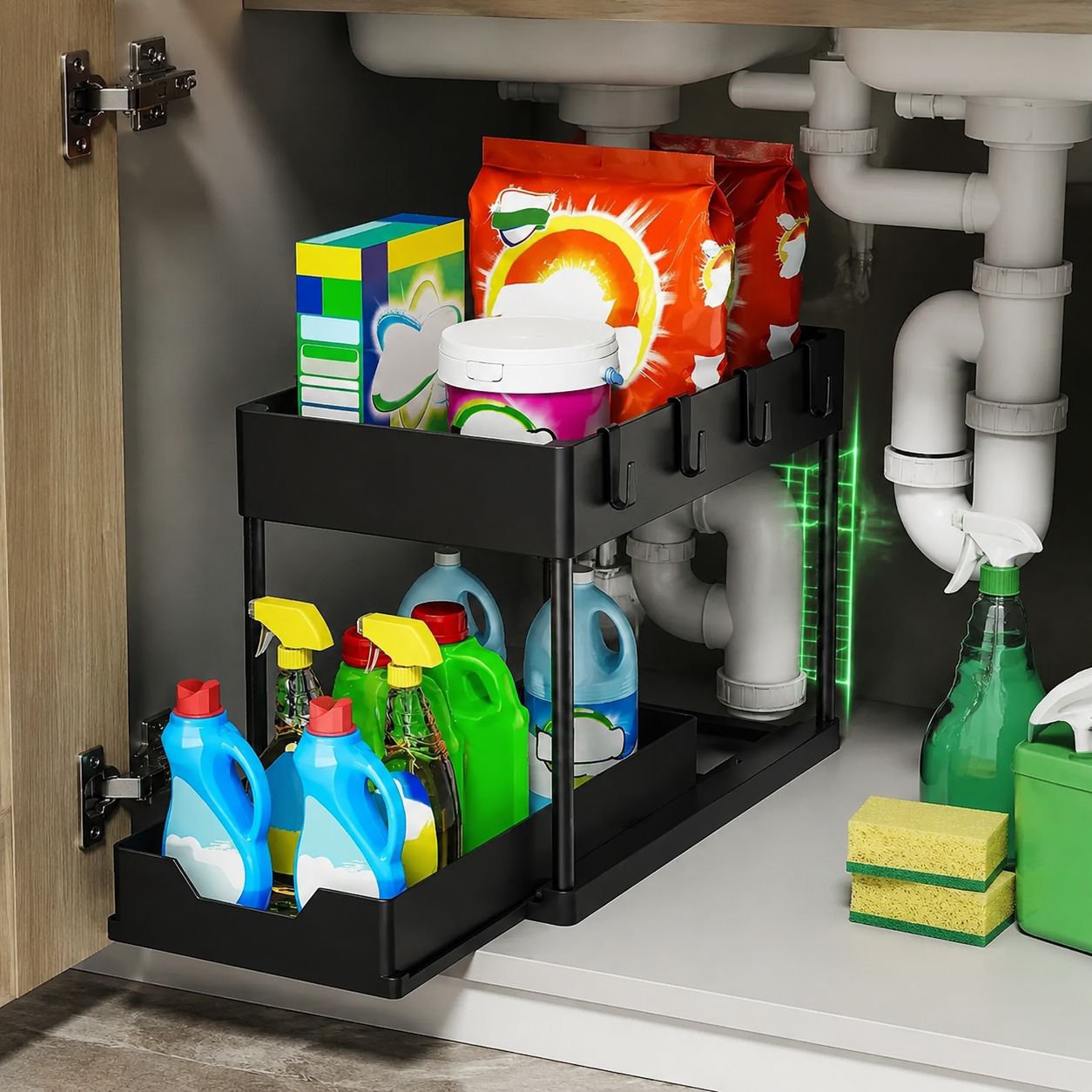 1pc Under Sink Organizer, 2 Tier Sliding Cabinet Basket Storage Drawers, Under Sink Organizer And St