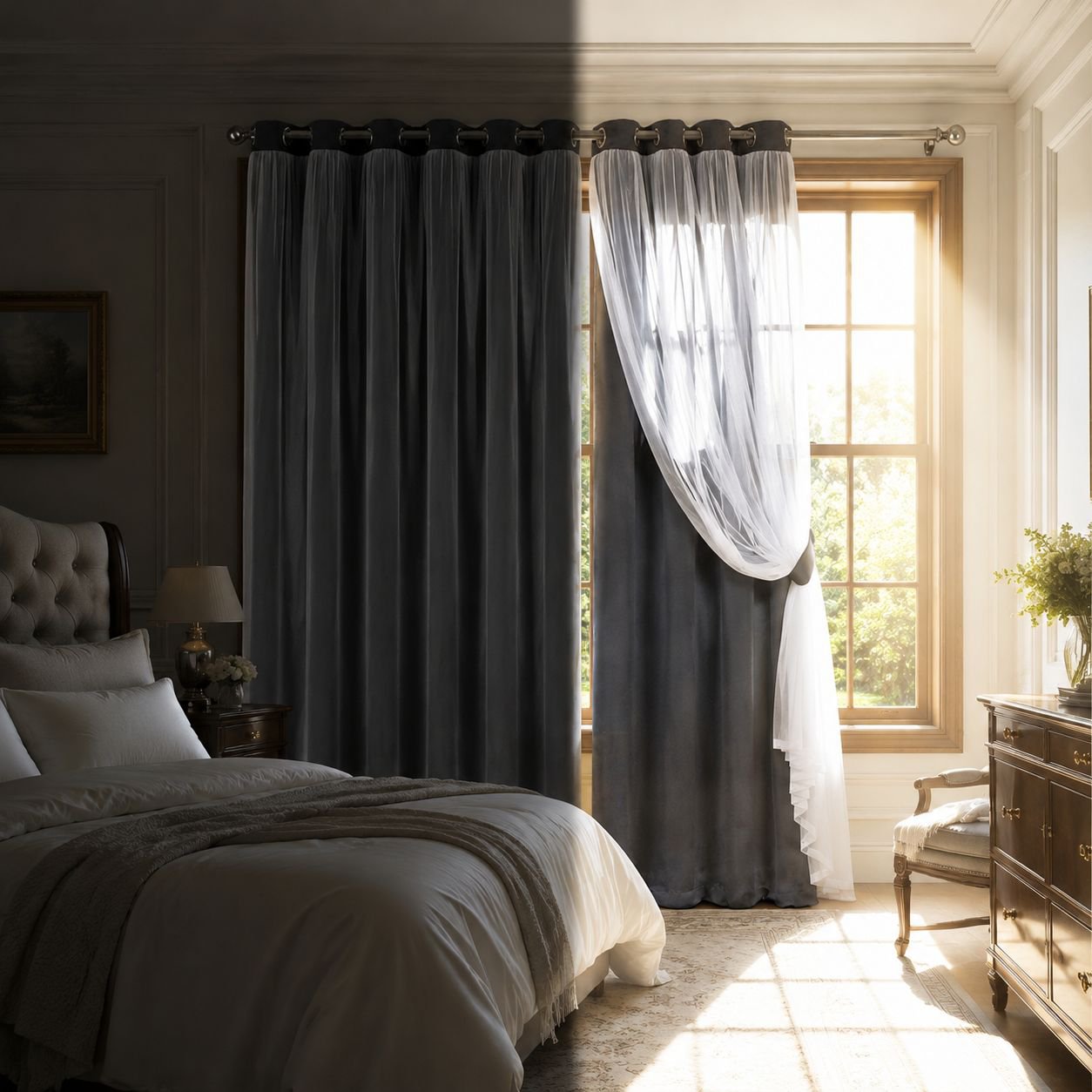 Finished Double Layer Blackout Curtain with Lace Trim
