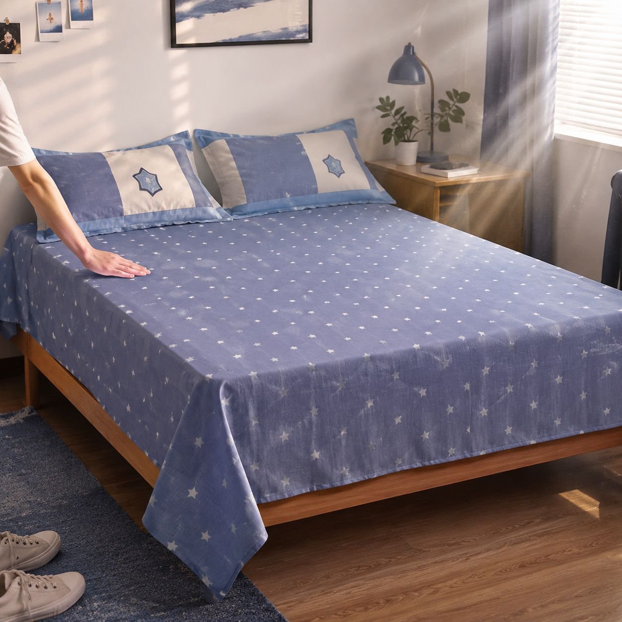 New Life Cotton Bedding Set neatly arranged on a student dormitory bed