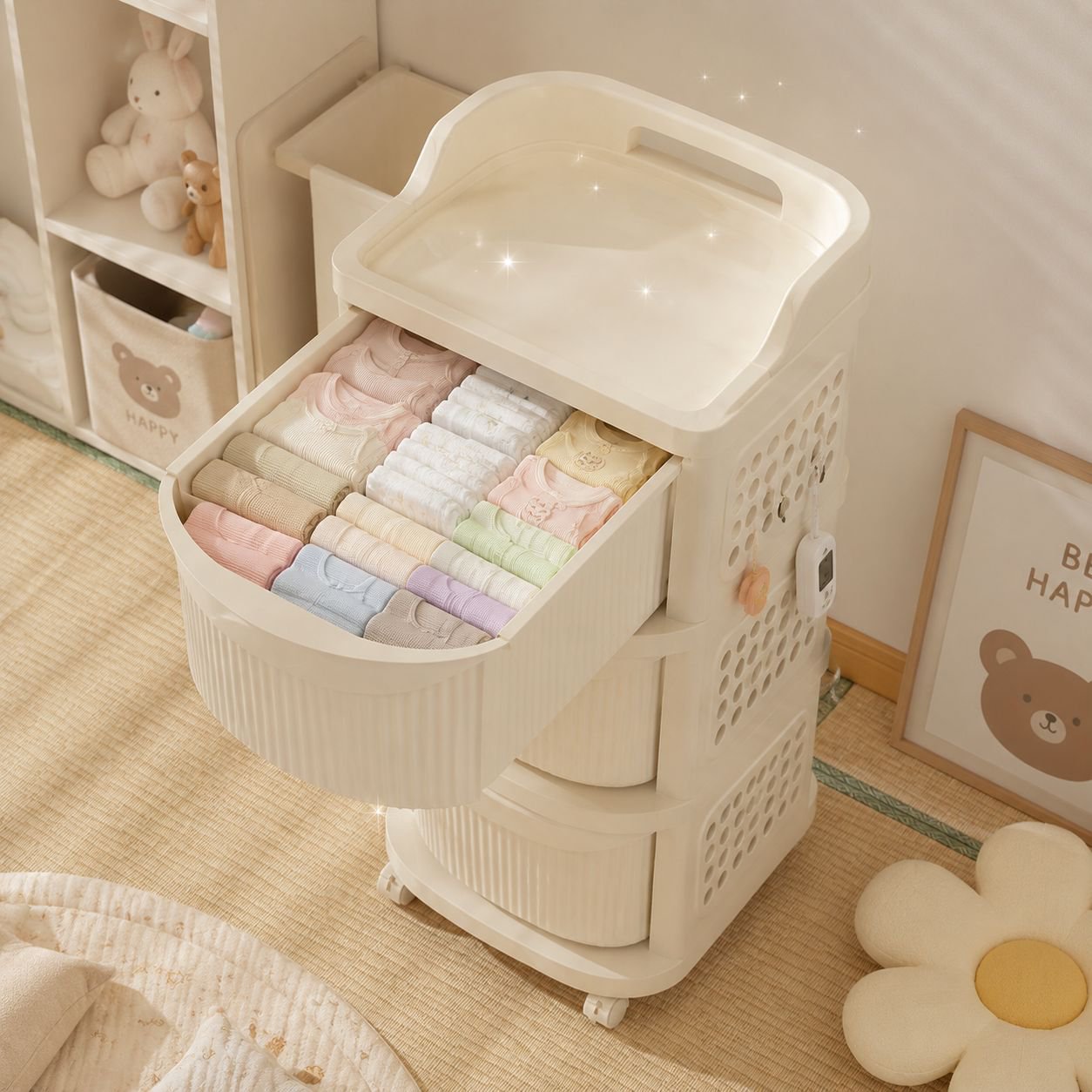 キャスター付きで移動しやすいお菓子収納ラック