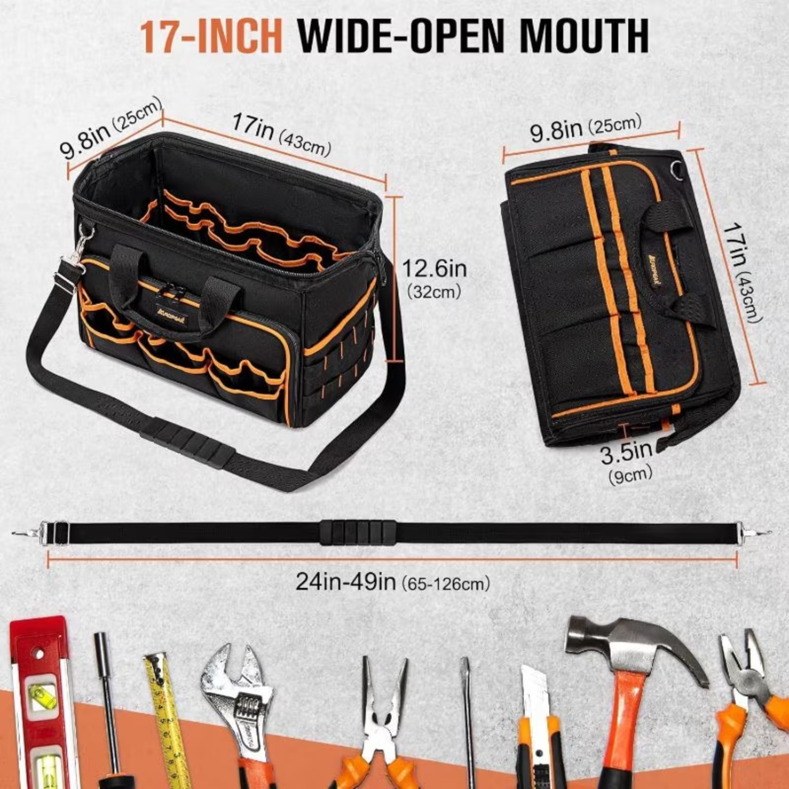 17-inch Heavy Duty Electrician Bag for Men, Foldable Wide-Mouth Storage Bag with Adjustable Shoulder