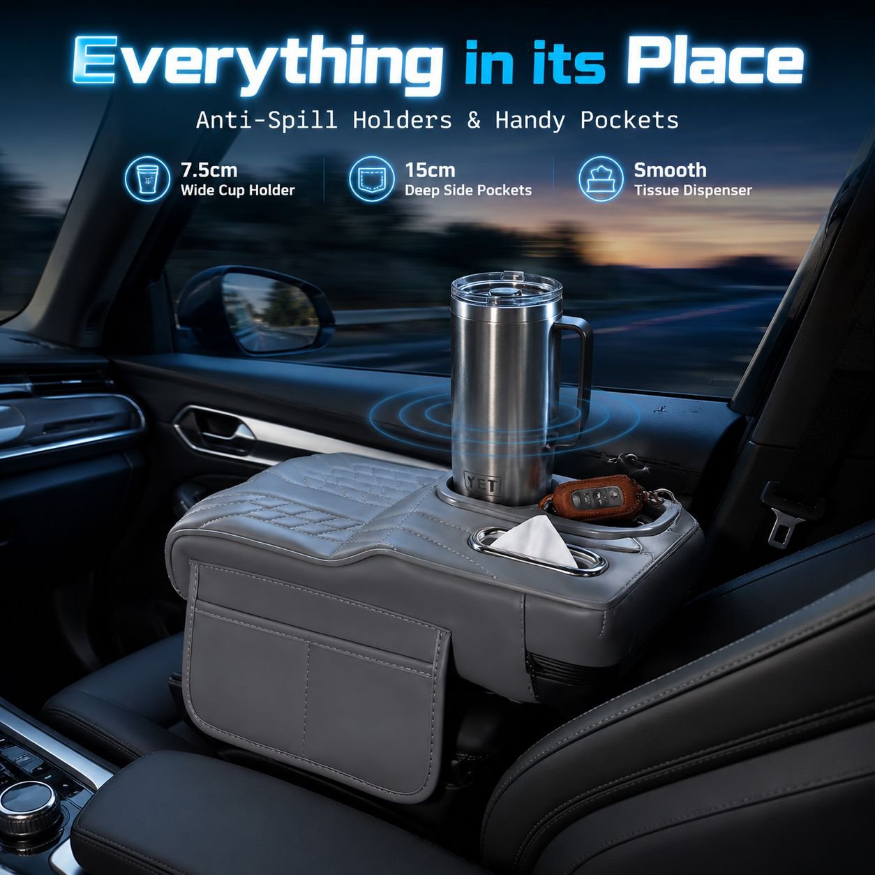 Car Armrest Cushion with Tissue Dispenser and Cup Holder Interior Upgrade Accessory