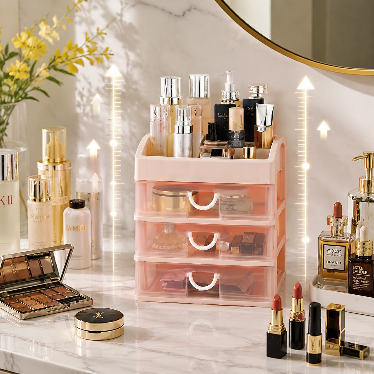 Clear acrylic lipstick organizer with multiple drawers