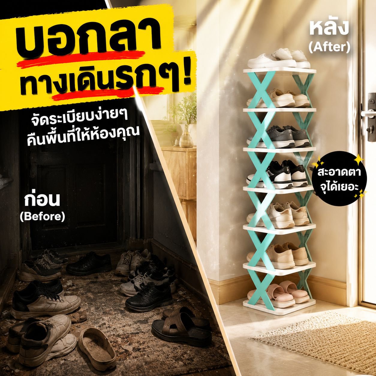 ชั้นวางรองเท้าพลาสติกแบบพับได้ ประหยัดเนื้อที่ เหมาะสำหรับบ้านและหอพัก