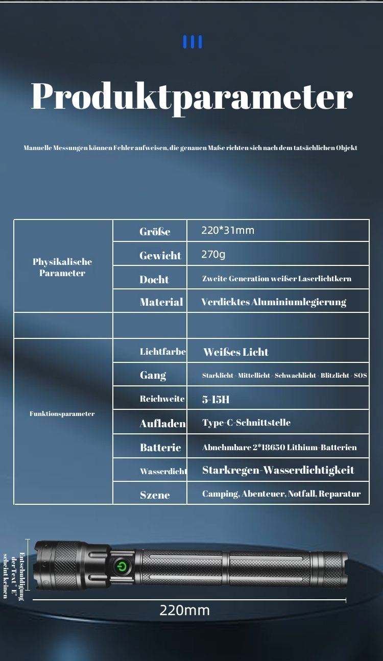 Himmelsdurchdringende, tragbare, robuste Hochleistungs-Taschenlampe mit großer Reichweite
