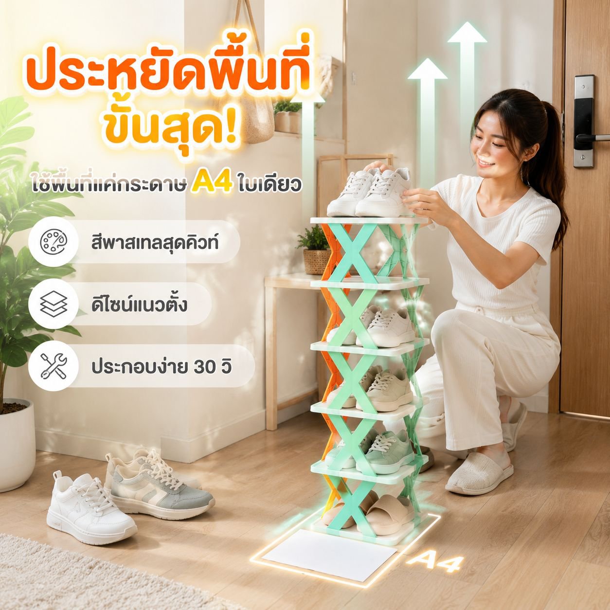 ชั้นวางรองเท้าพลาสติกแบบพับได้ ประหยัดเนื้อที่ เหมาะสำหรับบ้านและหอพัก