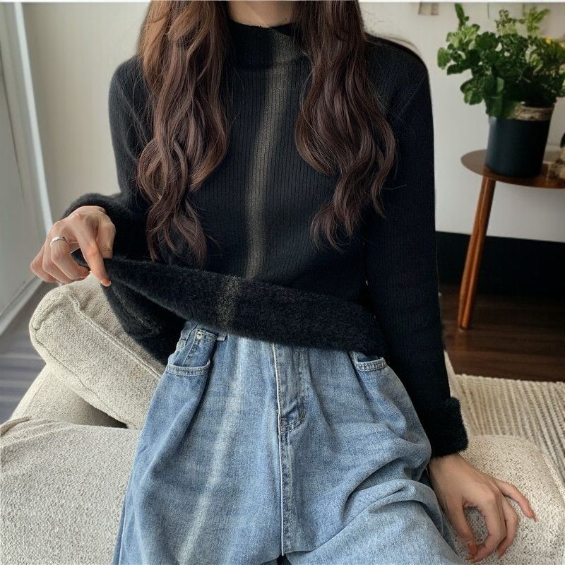 中わた入り厚手ニットレディース長袖ワンピースの正面画像