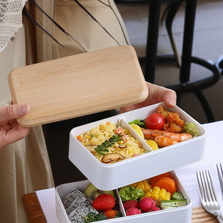 アウトドア弁当箱 ダブルランチボックス 密封された蓋付きの学生カトラリーセット 電子レンジ可能な屋外ポータブルランチボックス