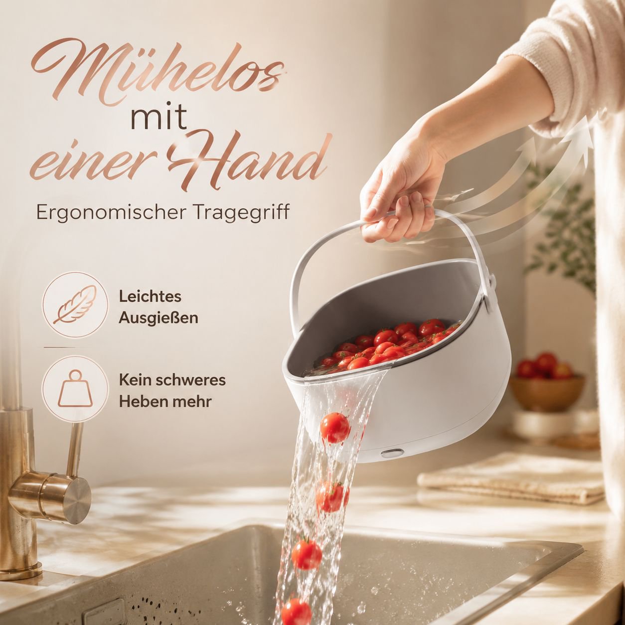 Großer Abtropfkorb mit Lebensmittelreiniger für Obst und Gemüse