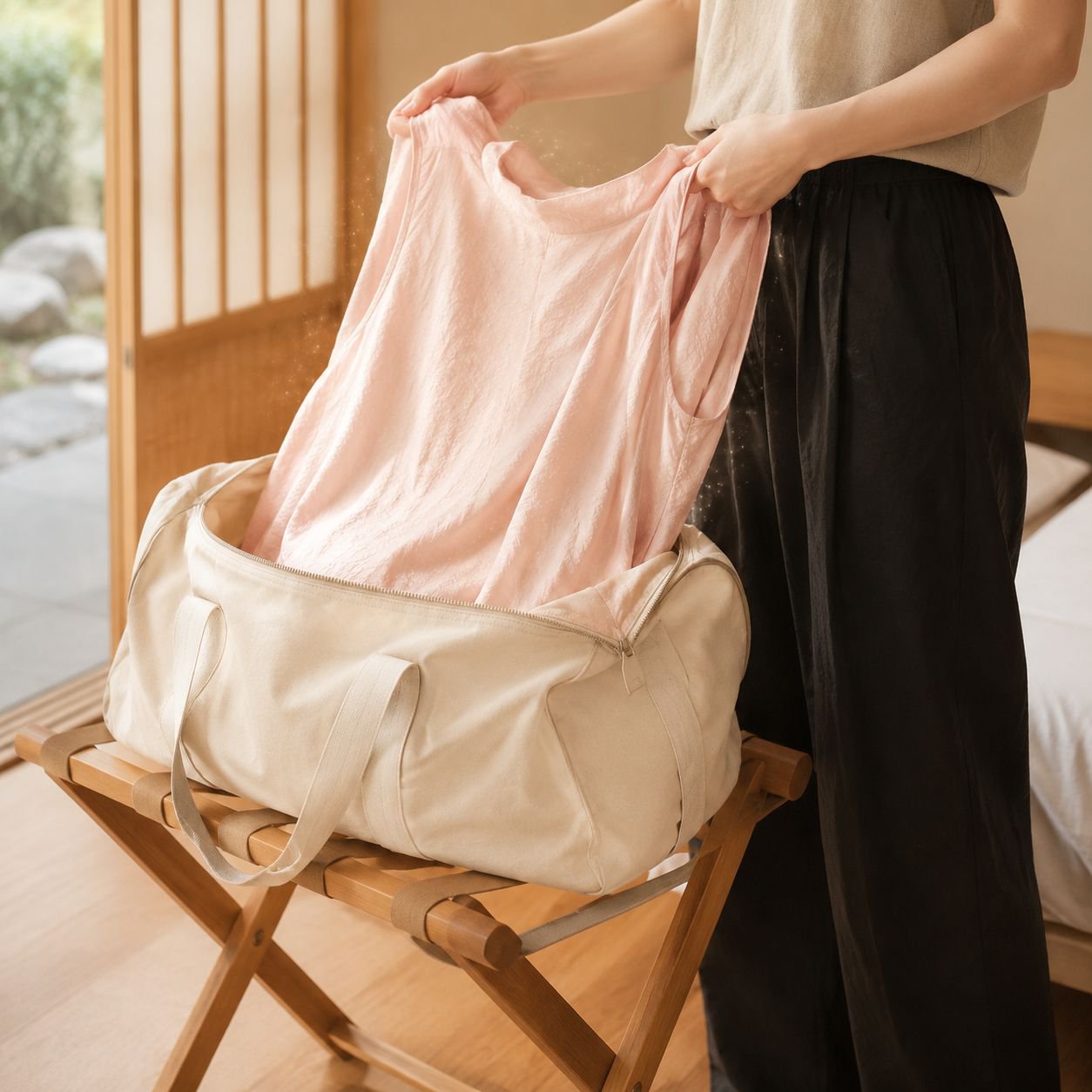 夏でも快適なワイドレッグスーツの生地アップ