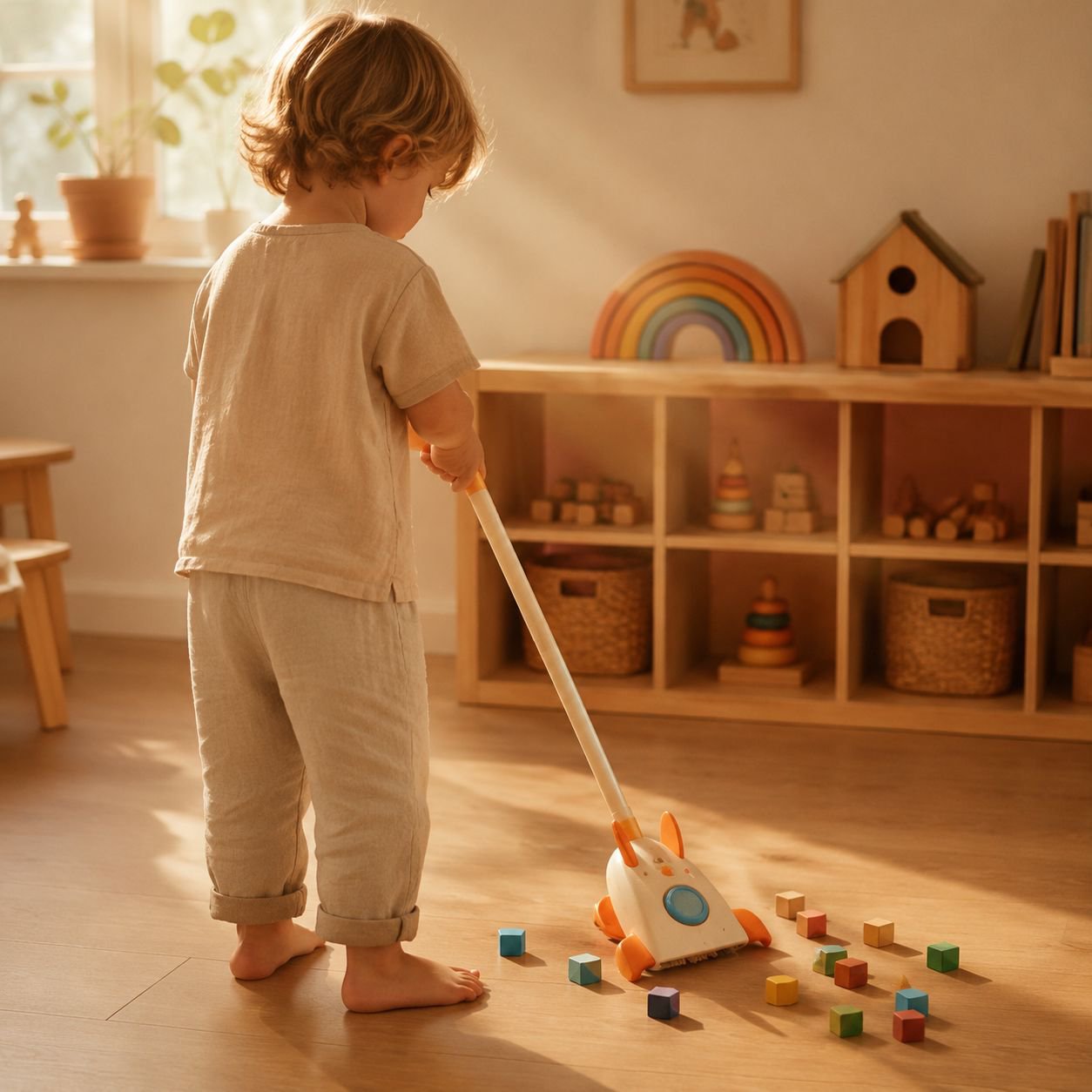 Enfant jouant avec balai et pelle jouet