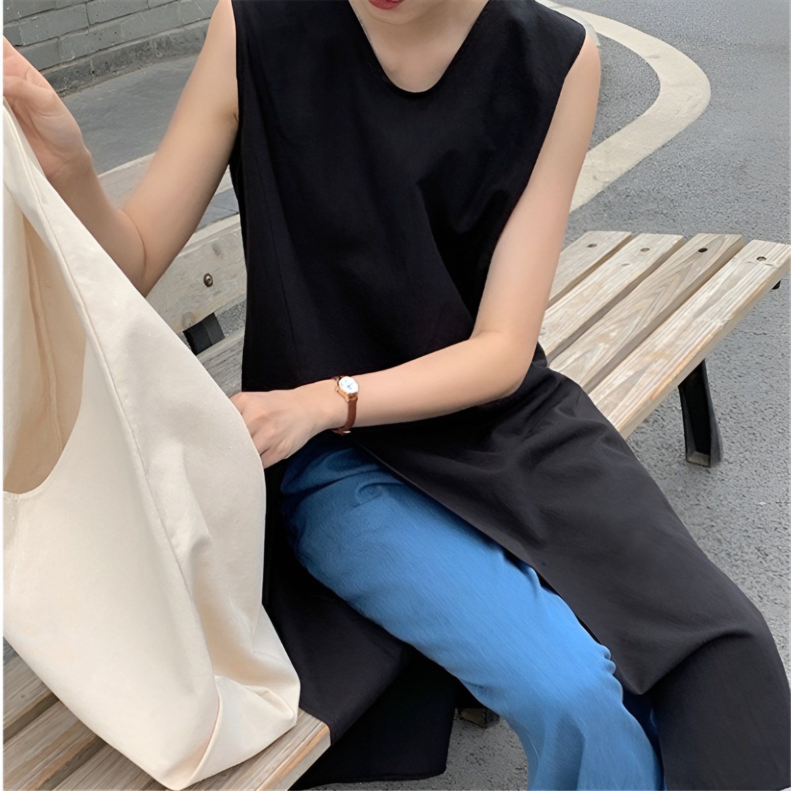 여름 V넥 민소매 린넨 드레스, 심플 스타일 코튼 린넨 여성 미니 드레스