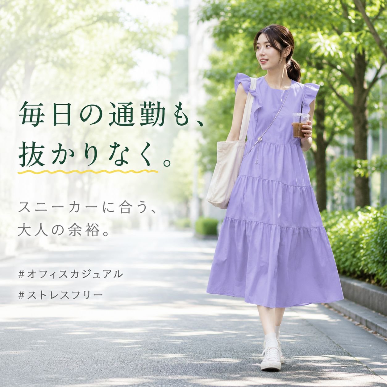 ビーチバカンス若見えウエストマーク羽根付きミディ丈ワンピース