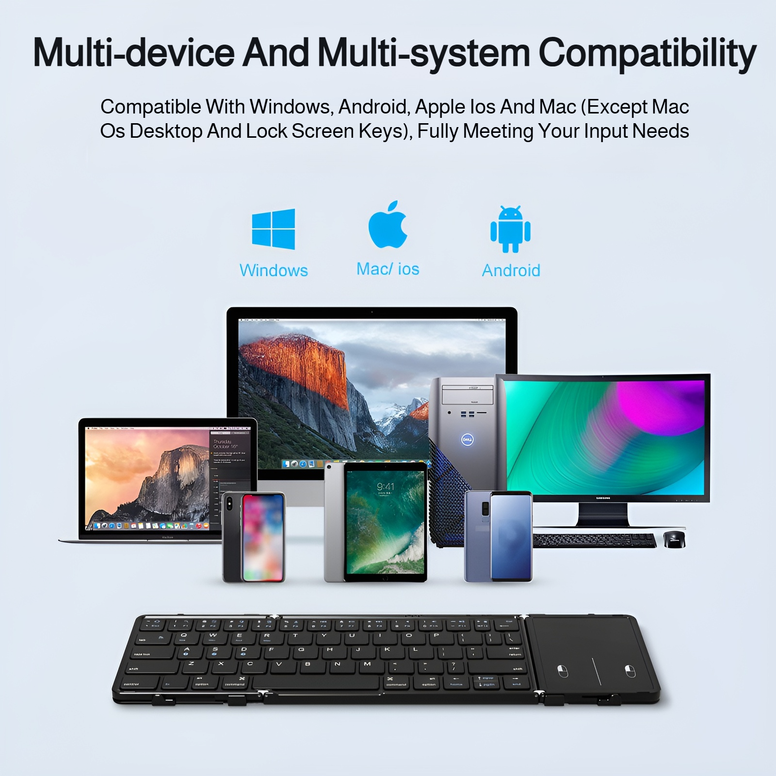 Teclado Bluetooth plegable doble con touchpad, conectable a laptop, tablet y móvil